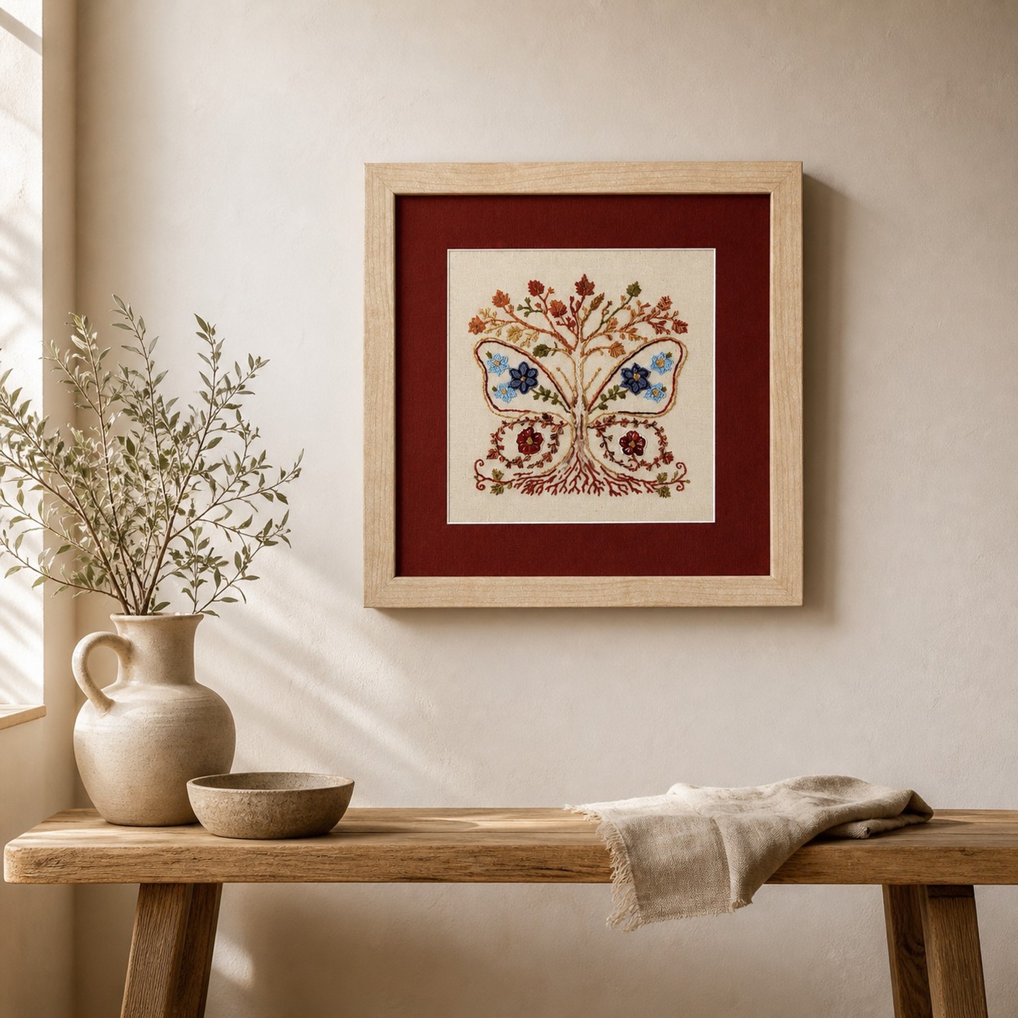 Crimson Bloom framed artwork shown in a warm neutral room setting.