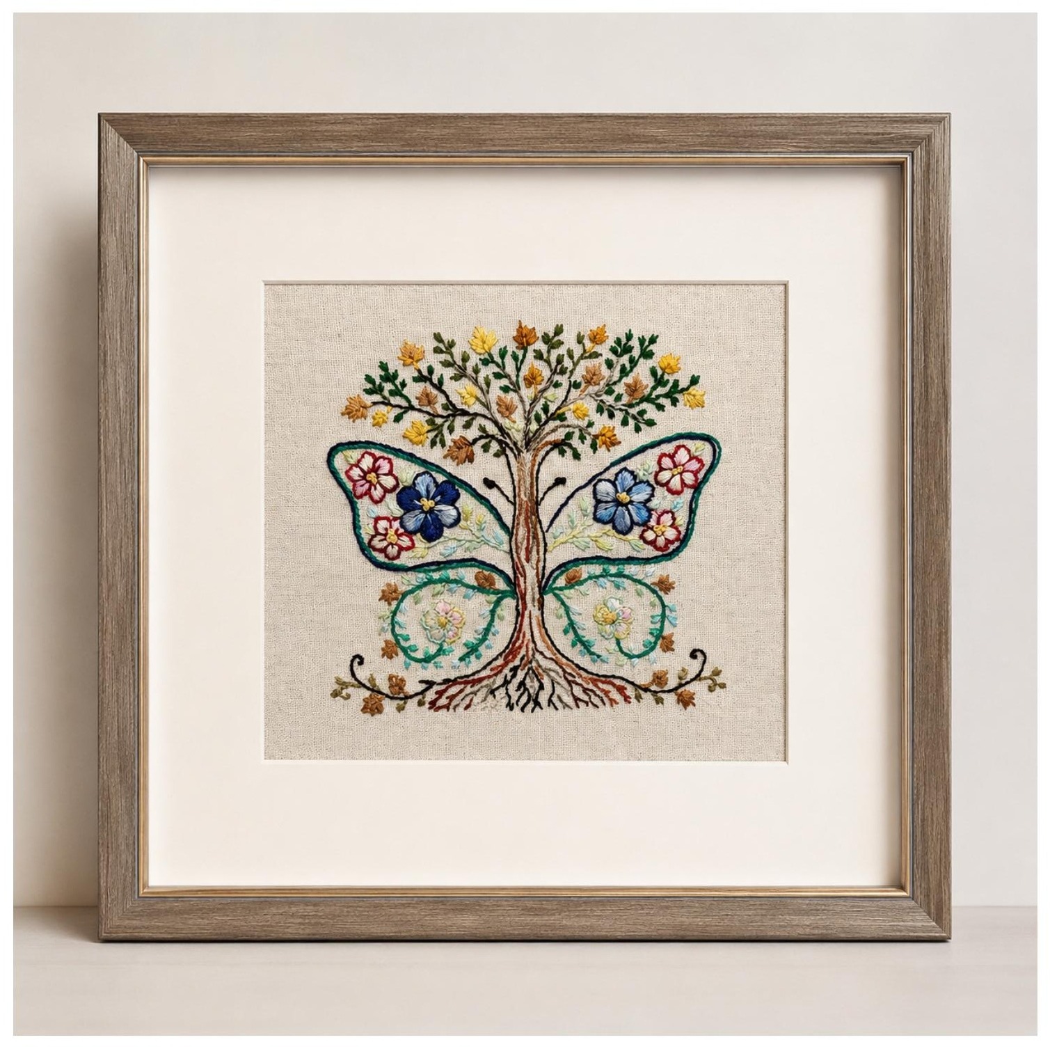 Maple Leaf Butterfly embroidered artwork.