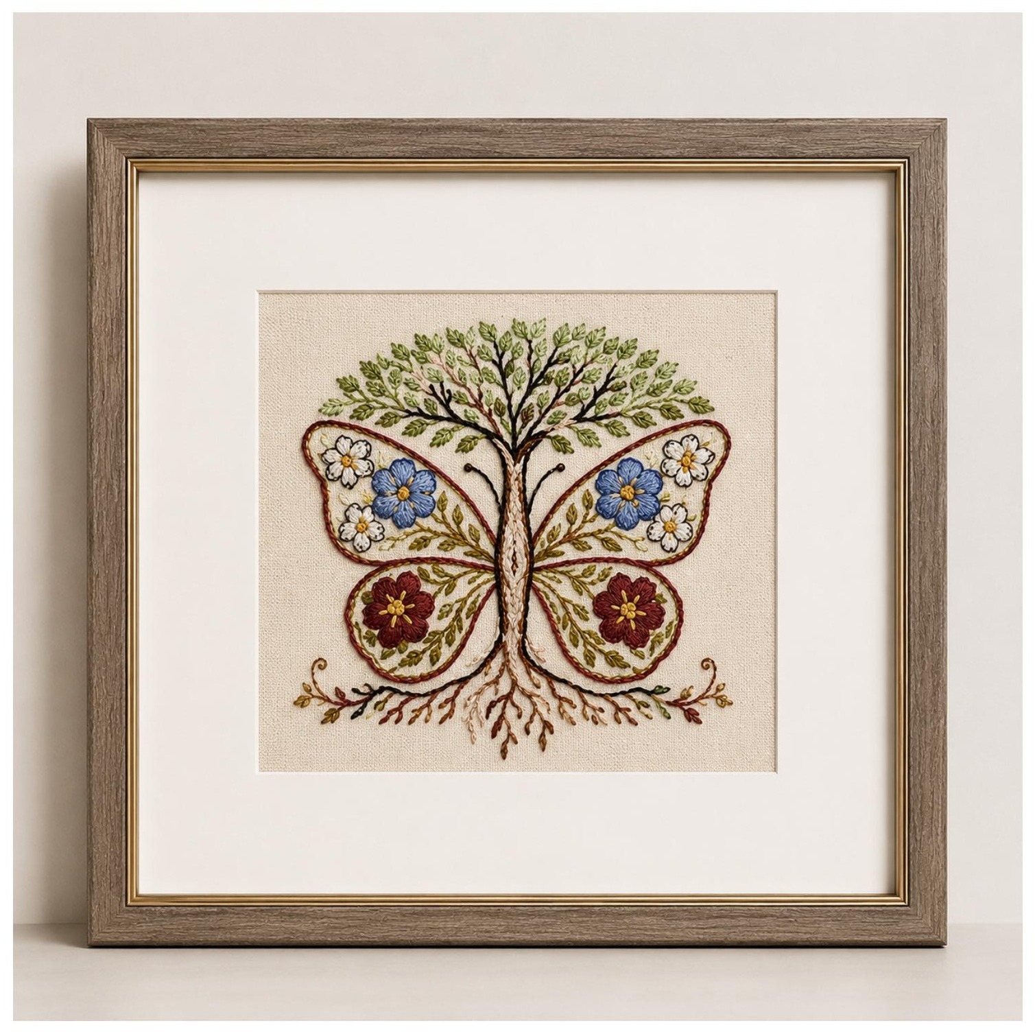 Neutral Blooms Butterfly embroidered artwork.