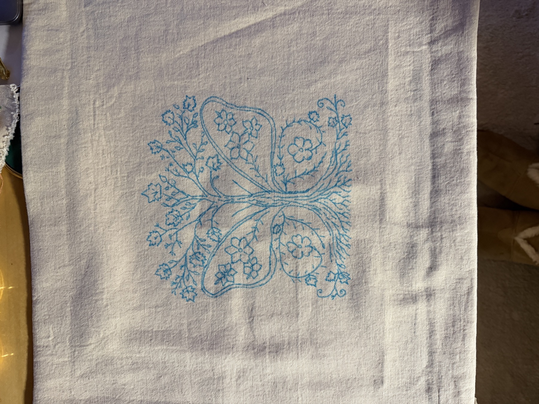 Butterfly tree design transferred in blue onto cream duck canvas.