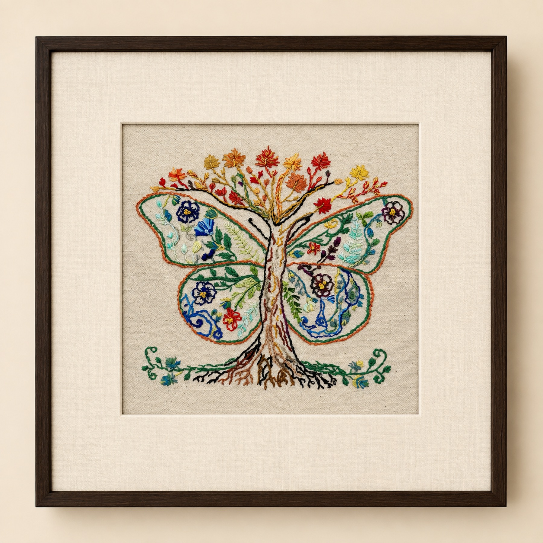 Untamed Bloom butterfly tree embroidery shown with a cream mat presentation.