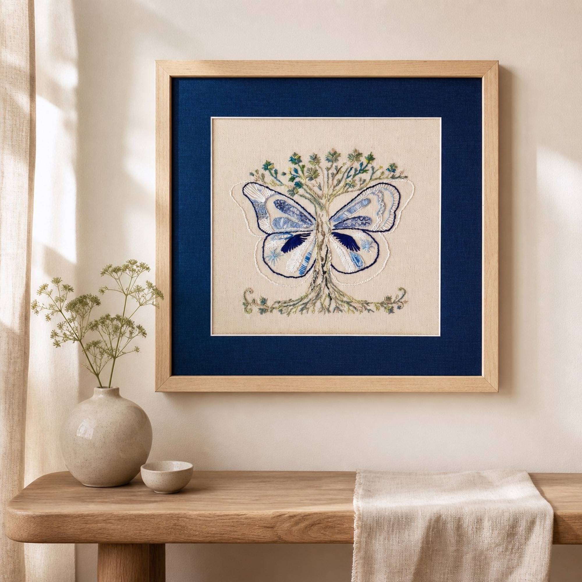 Wild Grace framed artwork shown on a warm neutral wall above a wood surface.